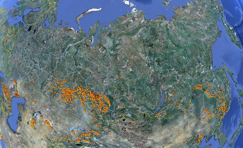  Схема расположения основных очагов пожаров на природных территориях России за последние сутки (9-10 апреля 2012 года) по данным пожарной информационной системы FIRMS